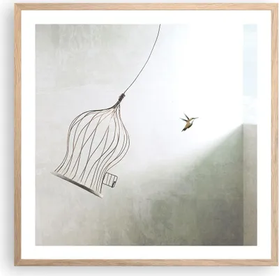 Produktbild von Gerahmtes Poster - Rahmen in heller Eiche - Flug Vogel Käfig - 60x60 cm - Wand Bild - Wanddeko - Wandbilder - Kunstposter - Wandposter - Bilderrahmen - Bilder - Kunstdruck - P2NAC60x60-5085