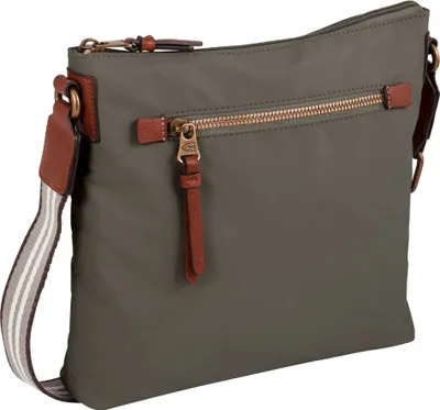 A close-up studio shot of a dark grey crossbody bag with brown leather accents and a striped strap.
