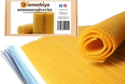 Produktbild von XXL 18 Stk. 100% reines Bienenwachsplatten 19,5x39,5cm Wabenplatten, Wachsplatten mit Kerzendochte
