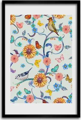 Produktbild von Bild - Bilderrahmen - 40 cm x 60 cm - MDF - Rahmen - Wandkunst - Vögel Schmetterlinge Blumen