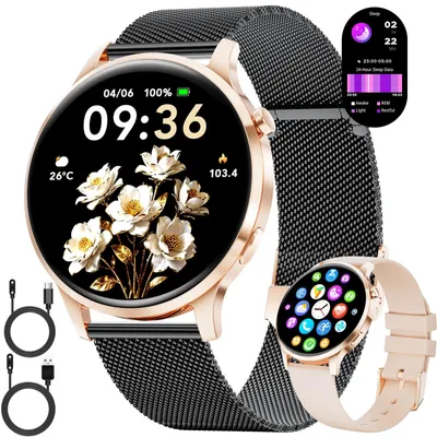 Zdjęcie produktu dla Inteligentny zegarek damski, okrągły, z funkcją telefonu, cienki, AMOLED, elegancki, dla kobiet, kompatybilny z Android i iOS, sportowy zegarek z monitorowaniem tętna i snu, kolor: czarny, złoty, obudowa ze stali nierdzewnej