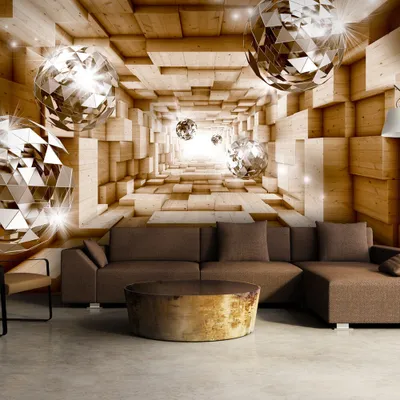 Produktbild von Fototapete selbstklebend 3d Effekt 343x256 cm Tapete Wandtapete Wandbilder Klebefolie Dekofolie Tapetenfolie Wand Dekoration Wohnzimmer - Holz Kugeln Tunnel a-A-0155-a-c