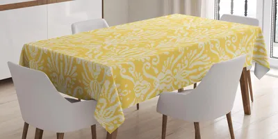 Obrázek produktu pro ABAKUHAUS Květinový ubrus, rytmický ikat damask květiny asijsky inspirovaný jemný styl grafická ilustrace, 140 x 200 cm, hořčičná slonová kost