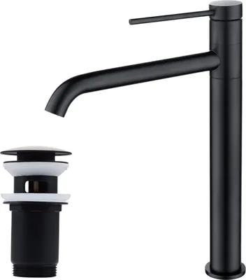 Produktbild von Edelstahl Badarmatur Schwarz Waschbecken mit hohe Ausflauf Mischbatterien 360° Schwenkbar Waschtischarmatur mit 1 1/4 Zoll Messing Ventil Ablauf