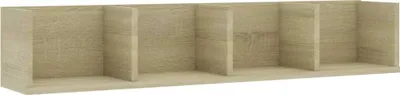 A long, narrow, empty CD wall shelf with five compartments, made of wood-look material.