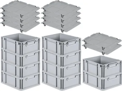 Produktbild von SparSet 10x Eurobox NextGen Economy mit Auflagedeckel und 4x Schiebeschnappverschlüsse Schwarz | Griffe geschlossen | HxBxT 17x30x40cm | 16 Liter | Eurobehälter, Transportbox, Transportbehälter, Stapelbehälter