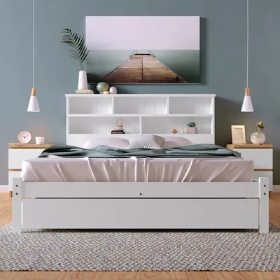 Obrázek produktu pro okwish manželská postel z masivu se šuplíky a lamelovým roštem, knihovna pro teenagery a dospělé, dětská postel, 140x200cm bílá