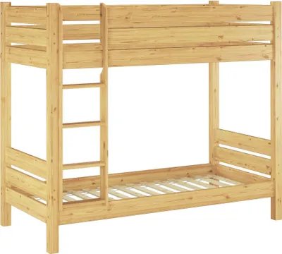 A wooden bunk bed shown against a white background.
