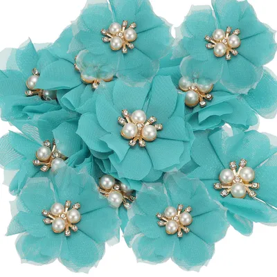 Produktbild von Strass-Perlen-Chiffonblumen - 15 Stück - Applikationen für Bastelarbeiten - Hellblau - 6 cm (2,36 Zoll)