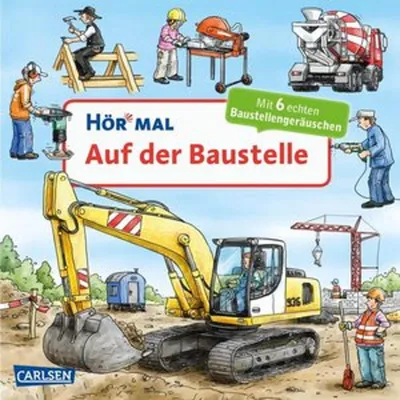 A colorful illustration of a construction site with various vehicles and workers, designed for a children's book.