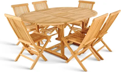 Produktbild von 7tlg. Gartengruppe Borneo aus Teakholz massiv, bestehend aus 1 x Gartentisch 120-170 x 120 cm mit Schirmloch + 6 x Gartenstühle Menorca, geeignet für Garten und Terrasse