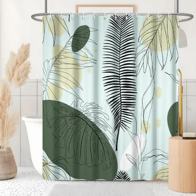 Produktbild von Duschvorhang 180x180cm, grüner, tropischer, abstrakter Dschungel-Duschvorhang mit Palmenblättern, schimmelresistentes Gewebe, waschbar, wasserdichter Polyester-Badezimmervorhang mit 12 Haken für das Badezimmer