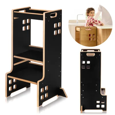 Produktbild von Lionelo Cass 2in1 Küchenhelfer und Kinderbuchregal, Aktiviert das Kind und fördert die Entwicklung, Montessori-Konzept, 3 Plattformhöhen - Schwarz