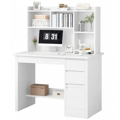 A white computer desk with a hutch, shelves, and drawers, featuring a computer monitor displaying the time.