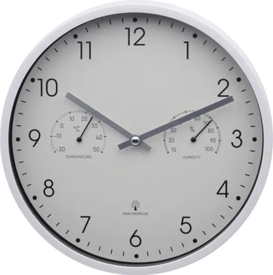 Produktbild von Design Funk-Wanduhr mit Kunststoffgehäuse 250 mm geräuschlos Thermometer Hygrometer