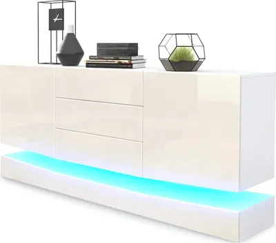 Produktbild von Vladon Sideboard City,  Germany, Weiß matt/Creme Hochglanz inkl. LED - Moderne Kommode für Ihr Wohnbereich (178 x 72 x 38 cm)