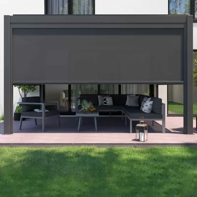 Image de Pergola bioclimatique adossée et motorisée éclairée 3x4m et 1 store - Oviala Thebes