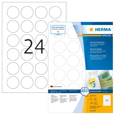 Produktbild von Etiketten A4 weiß Ø 40 mm rund Movables/ablösbar Papier matt 2400 St.