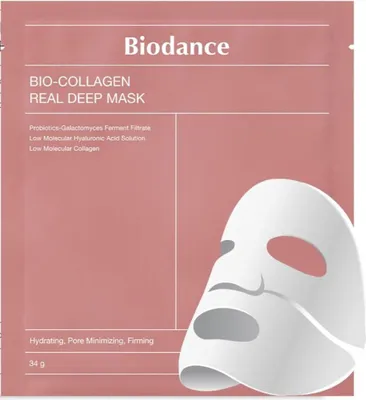 A pink package for a Biodance Bio-Collagen Real Deep Mask, with an illustration of a face mask.
