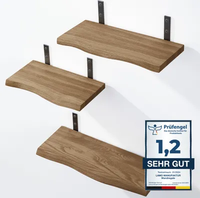 Produktbild von LAMO Manufaktur 3 Stück Wandregal Holz 40/35/30cm | Schweberegal Massiv 100% Echtholz | Hängeregal für Wohnzimmer, Schlafzimmer, Küche, Büro, Badezimmer | Wandregale SET 1 Baumkante Farbe: Nussbaum