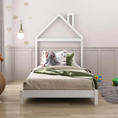 Produktbild von Kinderbett LIZ 90x200 cm in Hausoptik aus Massivholz weiß - Bodenbett für einfaches Ein- und Aussteigen, Montessori Kinderzimmer