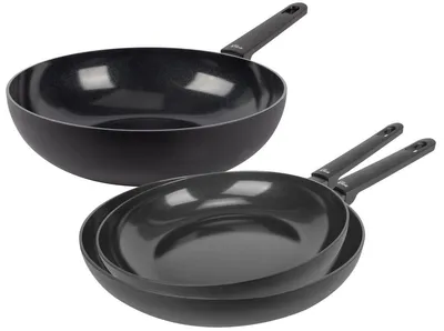 Obrázek produktu pro Sada kuchyňských pánví Cookinglife Black Cera, 3 kusy – Wok o průměru 28 cm + dvě pánve o průměrech 24 a 28 cm – vhodné pro všechny typy sporáků – keramický nepřilnavý povrch