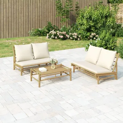 Produktbild von "2026 Promotion" 3-tlg. Garten-Lounge-Set - Sitzgruppe - mit Kissen - Creme Bambus - Gartenmöbelset CC9367