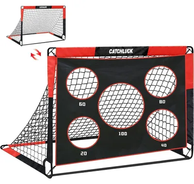 Imagen del producto de Puerta de fútbol para jardín, modelo 2 en 1, con agujeros para disparar, color rojo, dimensiones: 150x120x120 cm