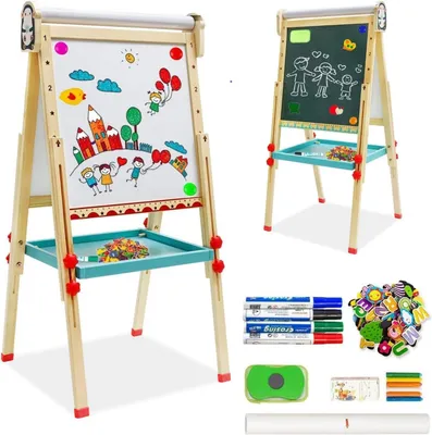 Immagine prodotto di Cavalletto per bambini con rotolo di carta, lavagna bianca su entrambi i lati e lavagna per gessetti, cavalletto regolabile in altezza con numeri e altri accessori per bambini e neonati