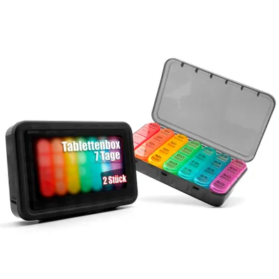 Produktbild von BigDean 2 Stück Tablettenbox 7 Tage luftdicht & lebensmittelecht – Medikamentenbox Morgens, Mittags, Abends & Nacht – im Regenbogen Design