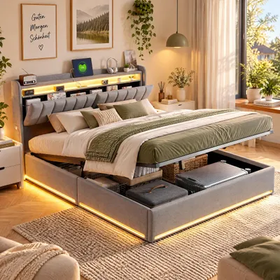 Obrázok produktu pre Postel s čalúneným rámom 140x190 cm s úložným priestorom, LED dvojposteľ s úložnou hlavou a USB portmi, pružinová posteľ s roštom, materiál: zamat, farba: sivá (bez matraca)