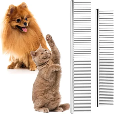 Produktbild von 2 Stück Haustier Kamm Edelstahl,katzen bürste,2 in 1 hundekamm,Professionelle katzenbürste,hundekamm langhaar,unterfellbürste katze,von Verwicklungen und Knoten für langhaarige Hunde,Katzen