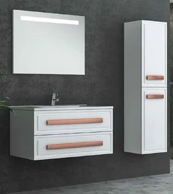 Produktbild von Casa Padrino Luxus Badezimmer Set Weiß / Bronze - 1 Waschtisch und 1 Waschbecken und 1 LED Wandspiegel und 1 Hängeschrank - Luxus Badezimmermöbel