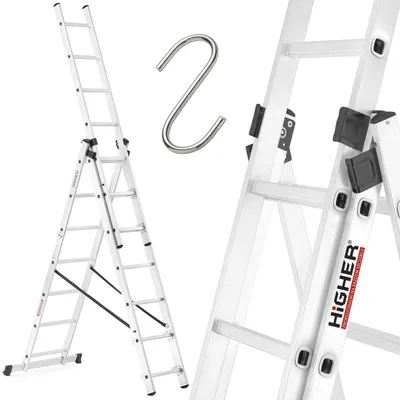 Zdjęcie produktu dla Drabina aluminiowa 3x7 wielofunkcyjna na schody HIGHER 5,60m 150kg + hak GRATIS