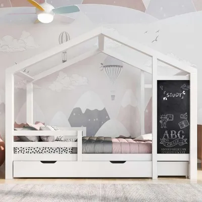 Produktbild von Weißes Kinder-Holzbett mit Kreidetafel und 2 Schubladen, inklusive Zaun und Lattenrost, robust und sicher, kein Matratze, 90x200 cm