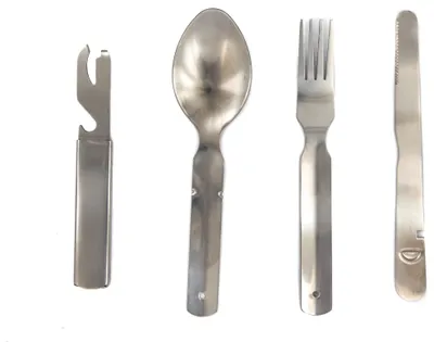 Produktbild von Campingbesteck 4-teilig rostfreier Edelstahl 160g Survival Besteck set Essbesteck zusammensteckbar