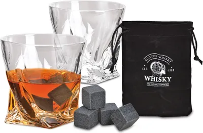 Produktbild von 1.05 Whisky Set mit 2 Gläsern, 4 Eiswürfel aus Basalt und Samtbeutel