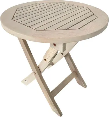 A round, light-colored wooden folding table.
