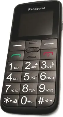 A close-up studio shot of a black Panasonic mobile phone.
