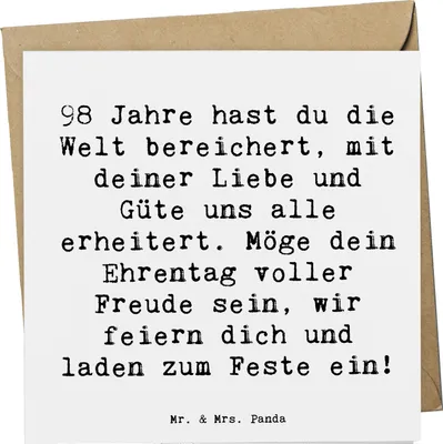 Produktbild von Mr. & Mrs. Panda Grußkarte Spruch 98. Geburtstag - Weiß - Geschenk, Geschenkideen für, Alter, Geburtstagsgeschenk, Klappkarte, Happy Birthday, faltkarte, Glückwunschkarte