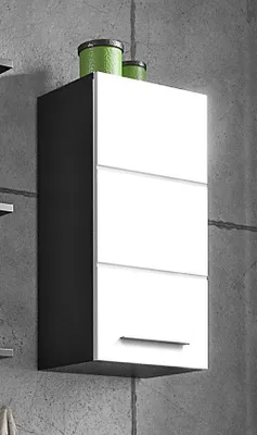 A wall-mounted cabinet with a black side and white front, against a concrete wall.