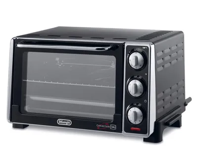 A black and silver De'Longhi toaster oven is shown from a front-side angle against a white background.
