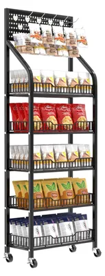 5-stöckiges Display-Regal mit Rollen und 15 Haken, schwarz