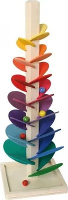 A wooden marble run toy with colorful spiral tracks.