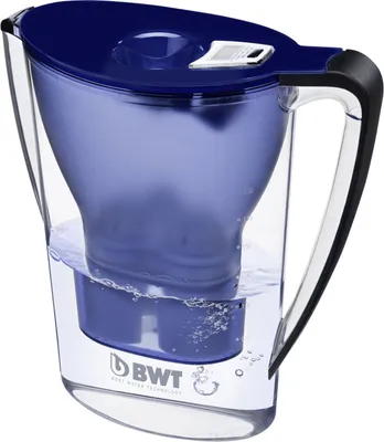A blue and clear water filter pitcher.
