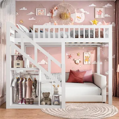 Productafbeelding van Stapelbed 90x200, hoogslaper voor kinderen met trap en opbergkast, ruimtebesparend jeugdbed met lattenbodem, speelbed voor kinderkamers, wit houten bed