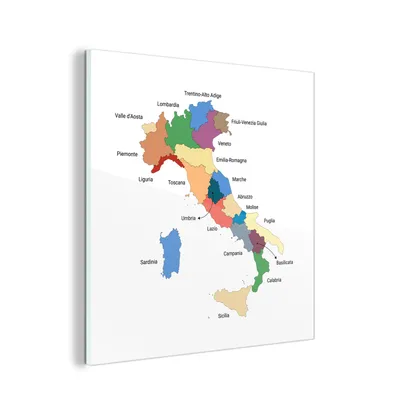 Obrázek produktu pro MuchoWow® Obrazy na skle - Nástěnné obrazy - Fotografie na skle Mapa zobrazující regiony Itálie 50x50cm Nástěnná dekorace ze skla - akrylová malba na sklo -