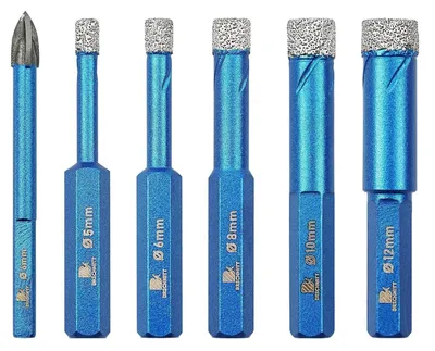 Zdjęcie produktu dla Zestaw wierteł diamentowych do suchych materiałów, 6 sztuk, średnice: 5/6/8/10/12 mm + 6 mm, trzpień sześciokątny, do płytek, ceramiki, granitu