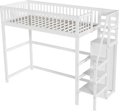 Produktbild von Hochbett(140x200cm,weiß)Etagebett,mit Treppe,Kinderbett aus Holz mit Aufbewahrungsregal, einfacher Kleiderschrank