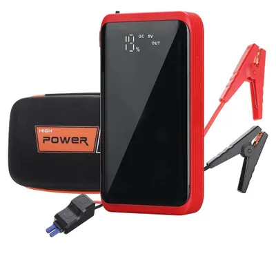 Obrázok produktu pre Prenosná powerbanka na štartovanie vozidiel – zariadenie na štartovanie s prúdom 600A – kapacita 8000–10000 mAh – prenosná núdzová powerbanka – LED dióda s funkciou SOS – inteligentné svorky na štartovanie – sada